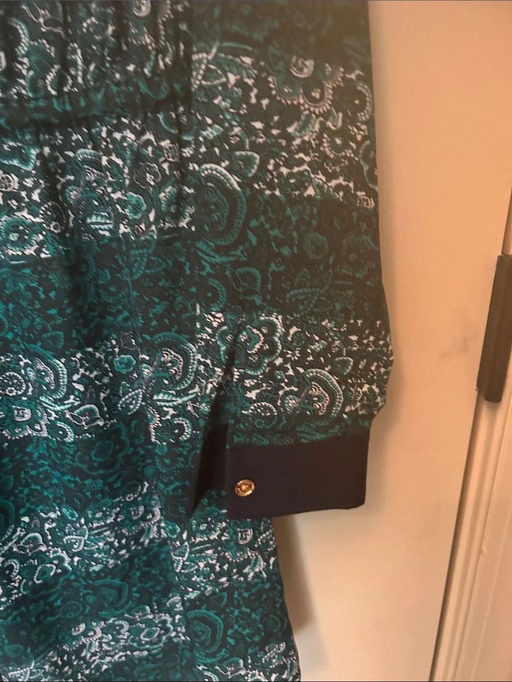 Michael Kors Teal and Navy Patterned Long-Sleeve Shirt Dress
